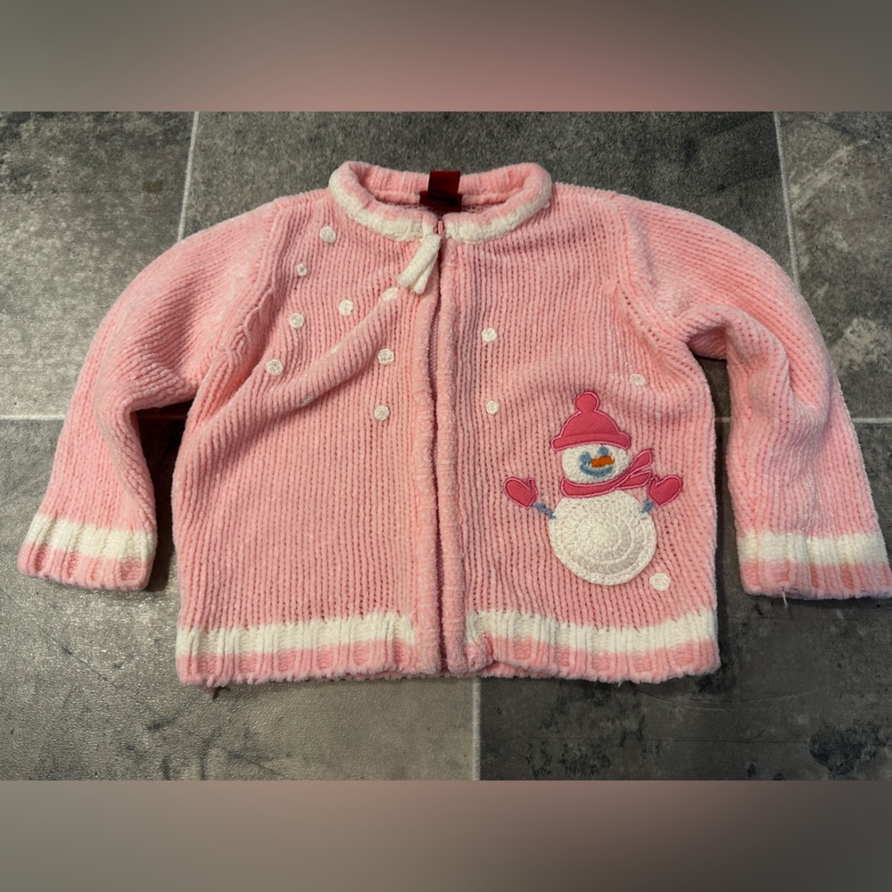 Pink Knit Cardigan with Snowman Design